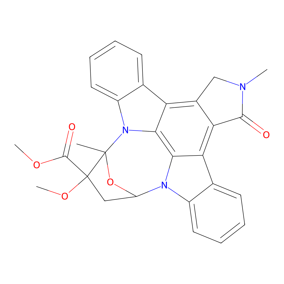 Methyl (9S,10R,12R)-2,3,9,10,11,12-hexahydro-10-methoxy-2,9-dimethyl-1-oxo-9,12-epoxy-1H-diindolo(1,2,3-fg:3',2',1'-kl)pyrrolo(3,4-i)(1,6)benzodiazocine-10-carboxylate molecular structure, CAS 126643-37-6