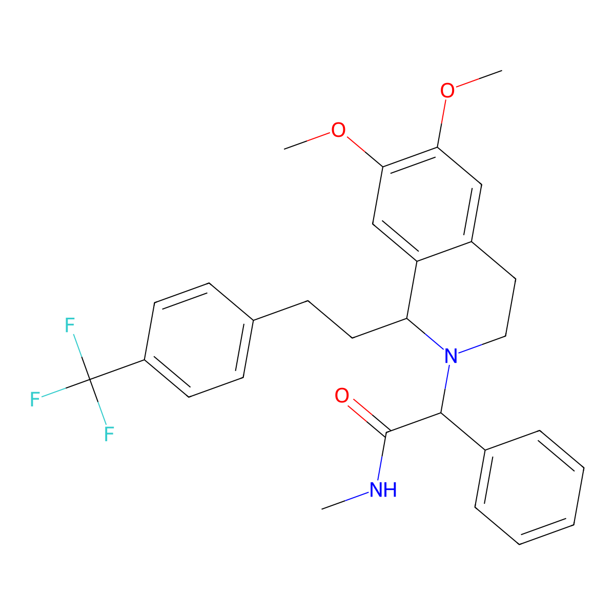2(1H)-Isoquinolineacetamide, 3,4-dihydro-6,7-dimethoxy-N-methyl-alpha-phenyl-1-[2-[4-(trifluoromethyl)phenyl]ethyl]-, (alphaR,1R)-rel- molecular structure, CAS 1266467-63-3