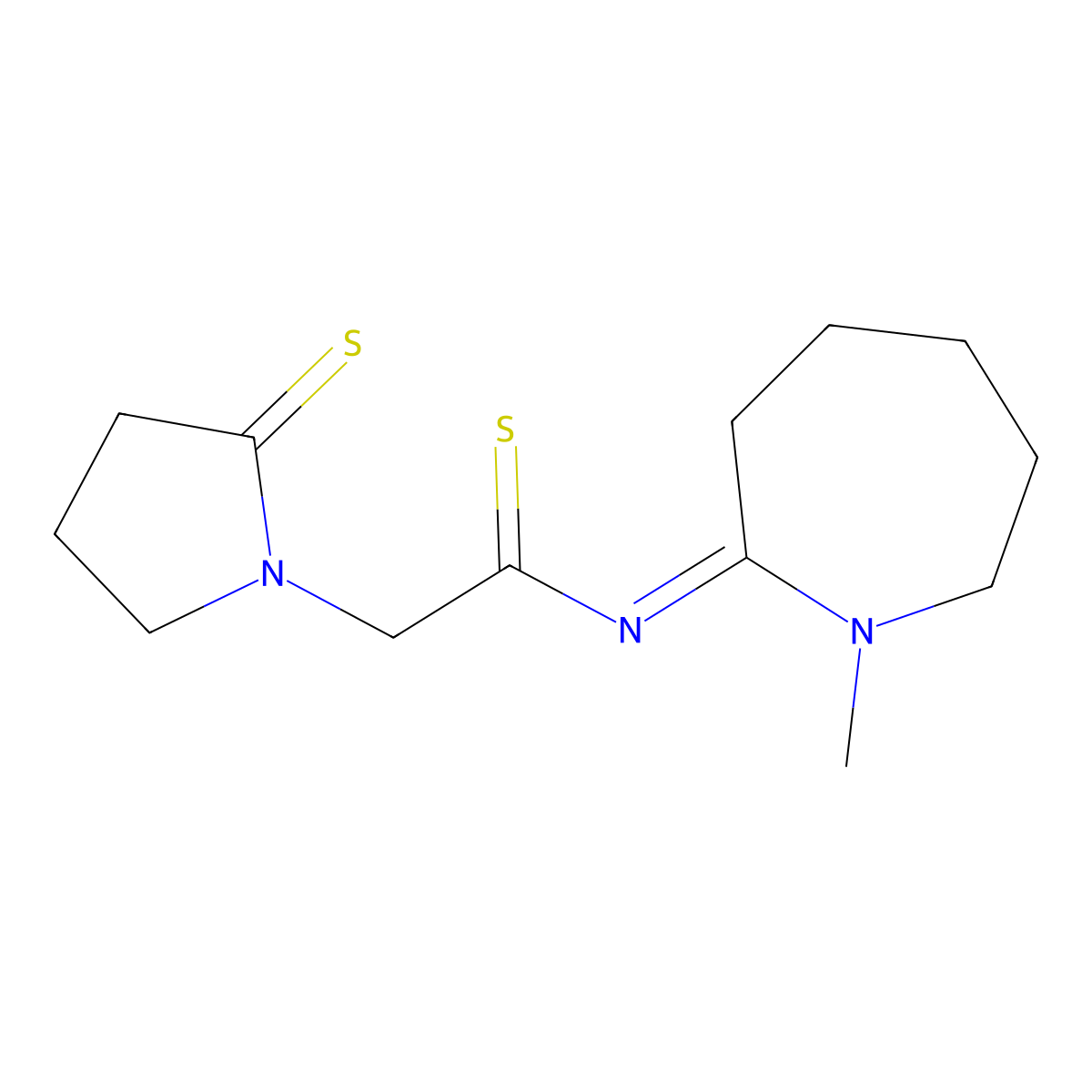 1-Pyrrolidineethanethioamide, N-(hexahydro-1-methyl-2H-azepin-2-ylidene)-2-thioxo- molecular structure, CAS 126647-16-3