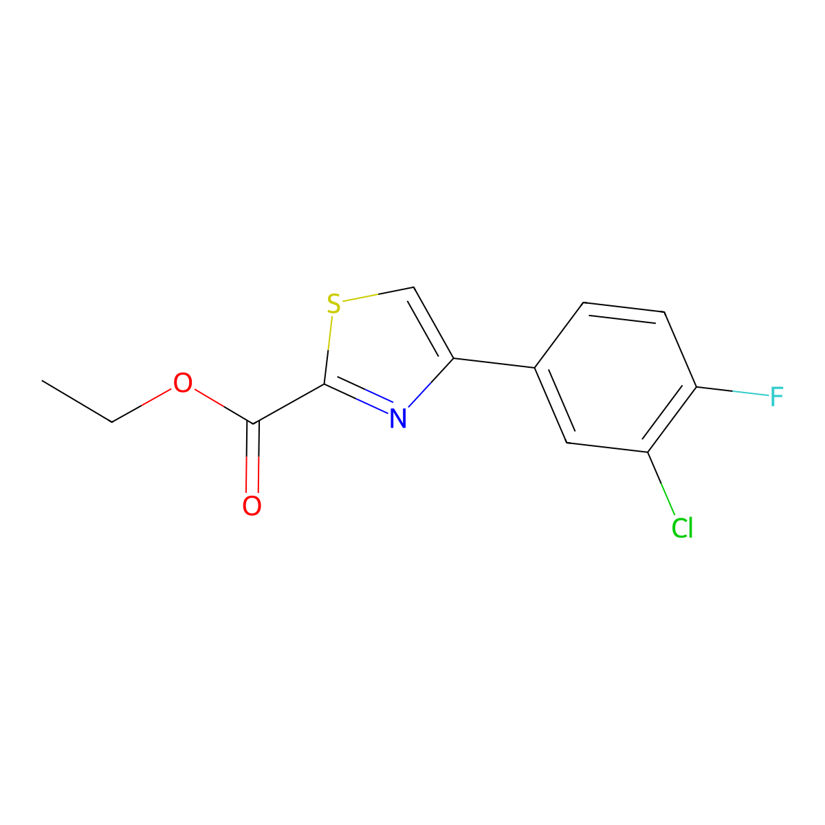 Ethyl 4-(3-chloro-4-fluorophenyl)-1,3-thiazole-2-carboxylate molecular structure, CAS 1266519-92-9