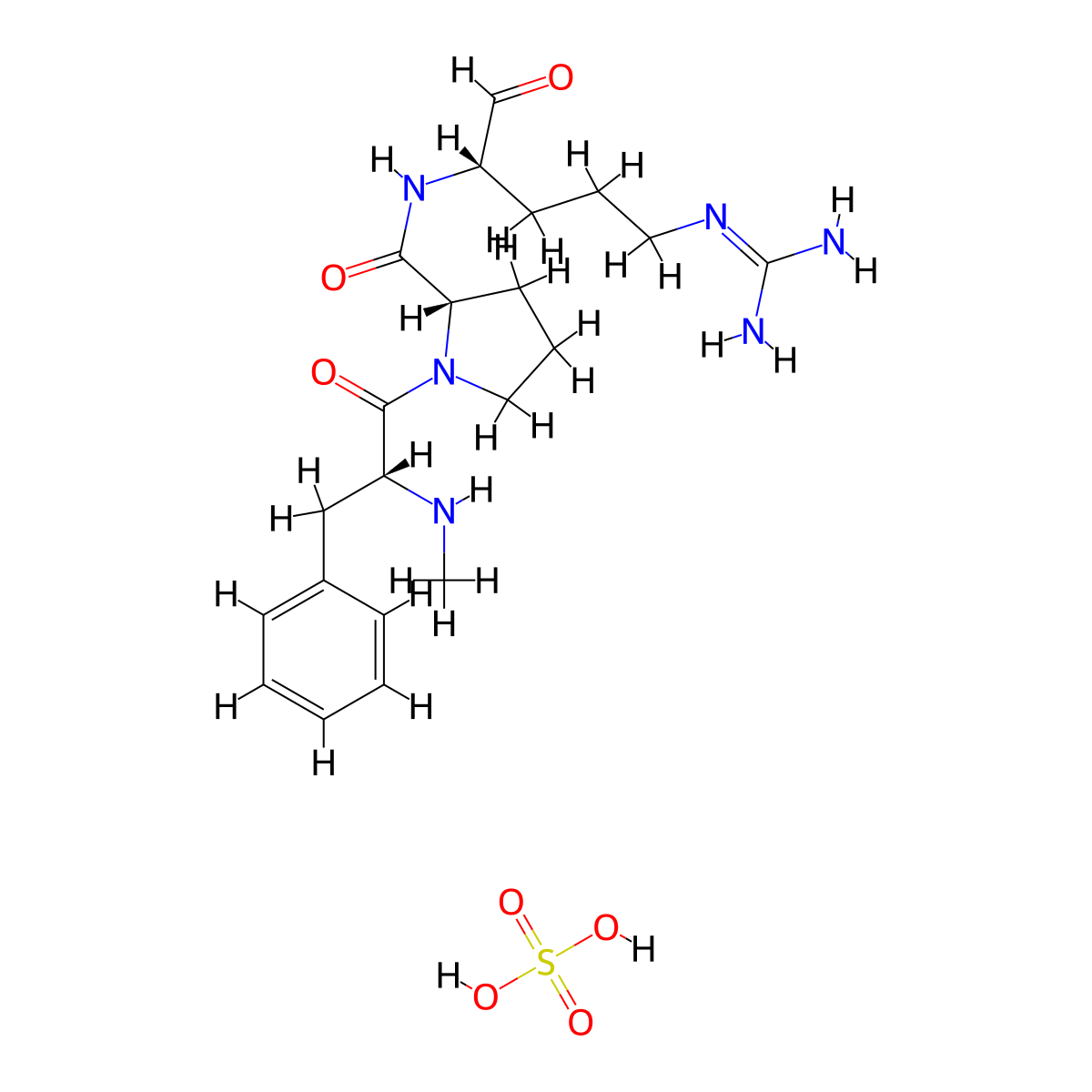 L-Prolinamide, N-methyl-D-phenylalanyl-N-((1S)-4-((aminoiminomethyl)amino)-1-formylbutyl)-, sulfate (1:1) molecular structure, CAS 126721-07-1