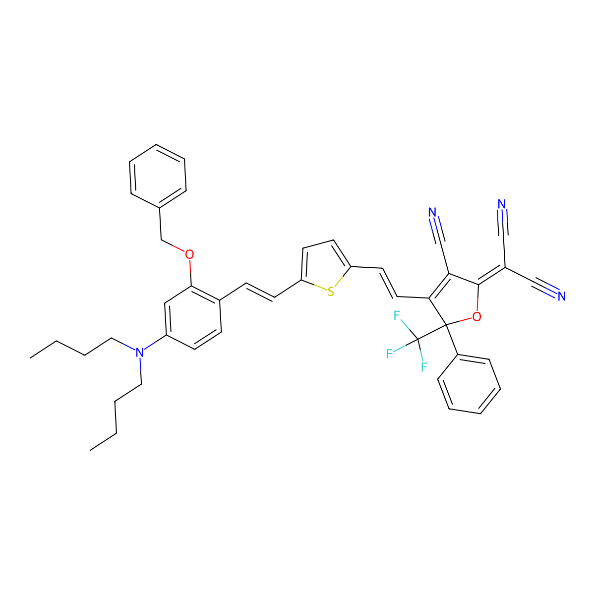 5-(Trifluoromethyl)-5-phenyl-2,5-dihydro-4-[2-[5-[2-[4-(dibutylamino)-2-(benzyloxy)phenyl]ethenyl]thiophene-2-yl]ethenyl]-2-(dicyanomethylene)furan-3-carbonitrile molecular structure, CAS 1267603-73-5