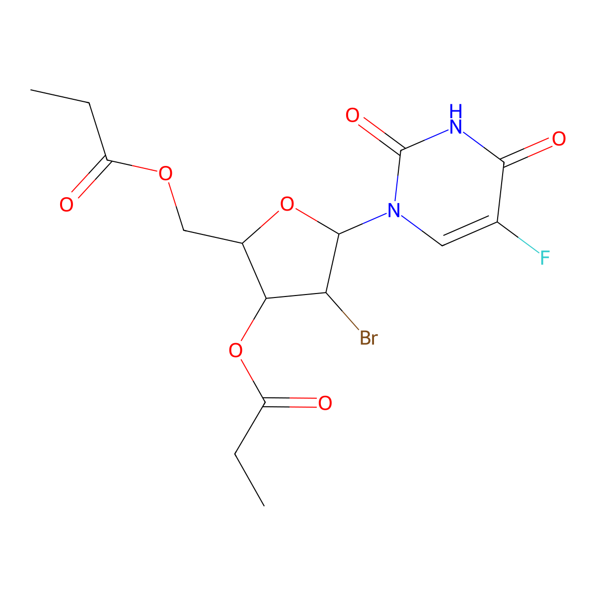 4-bromo-5-(5-fluoro-2,4-dioxo-3,4-dihydro-1(2H)-pyrimidinyl)-2-[(propionyloxy)methyl]tetrahydro-3-furanyl propionate molecular structure, CAS 1267650-70-3