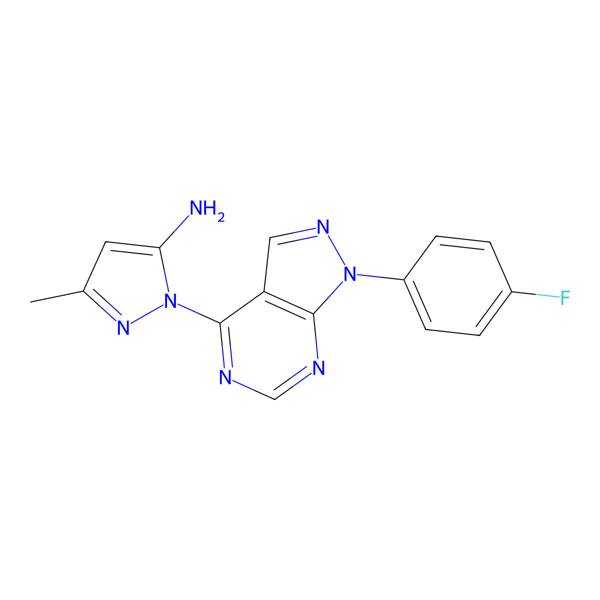 1-[1-(4-fluorophenyl)-1H-pyrazolo[3,4-d]pyrimidin-4-yl]-3-methyl-1H-pyrazol-5-amine molecular structure, CAS 1267868-07-4