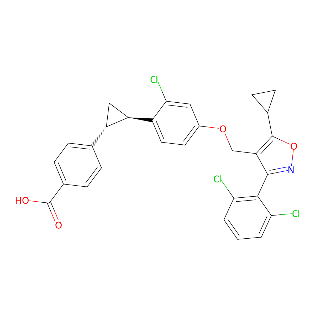 rel-(+)-4-((1R,2R)-2-(2-Chloro-4-((5-cyclopropyl-3-(2,6-dichlorophenyl)-4-isoxazolyl)methoxy)phenyl)cyclopropyl)benzoic acid molecular structure, CAS 1268244-85-4