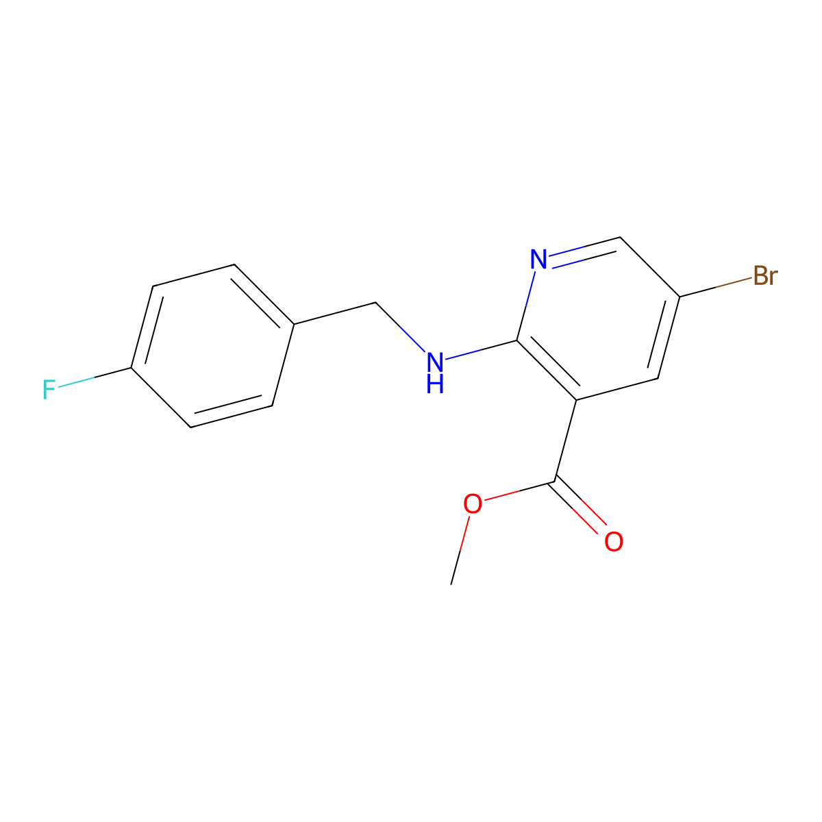 Methyl 5-bromo-2-((4-fluorobenzyl)amino)nicotinate molecular structure, CAS 1268348-44-2