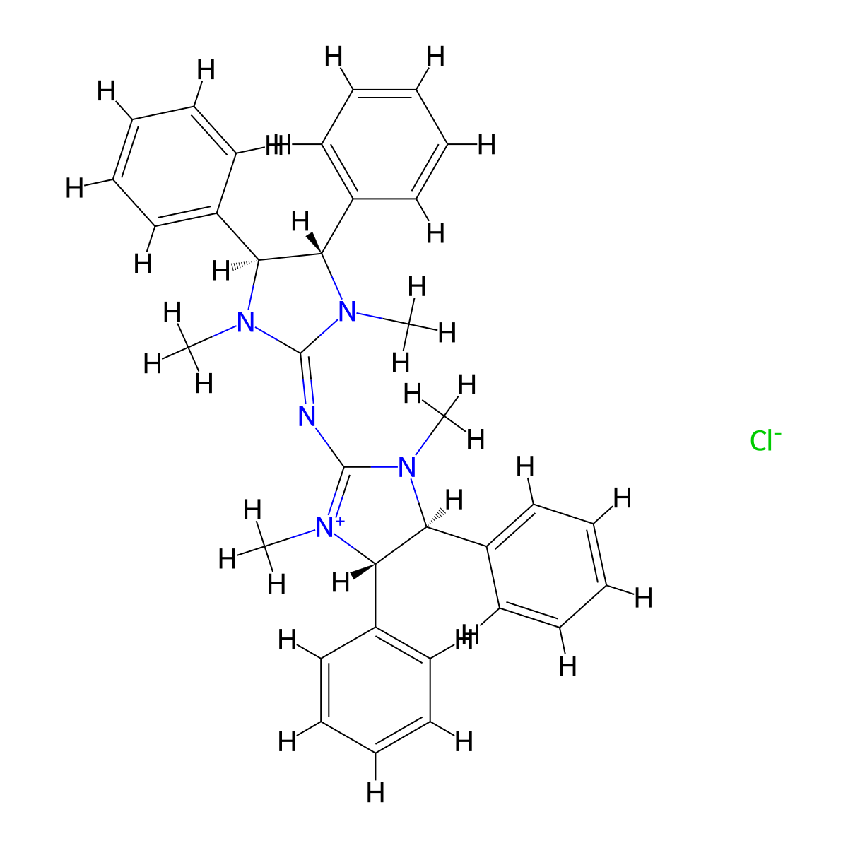 (4S,5S)-2-(((4S,5S)-1,3-Dimethyl-4,5-diphenylimidazolidin-2-ylidene)amino)-1,3-dimethyl-4,5-diphenyl-4,5-dihydro-1H-imidazol-3-ium chloride molecular structure, CAS 1268449-00-8