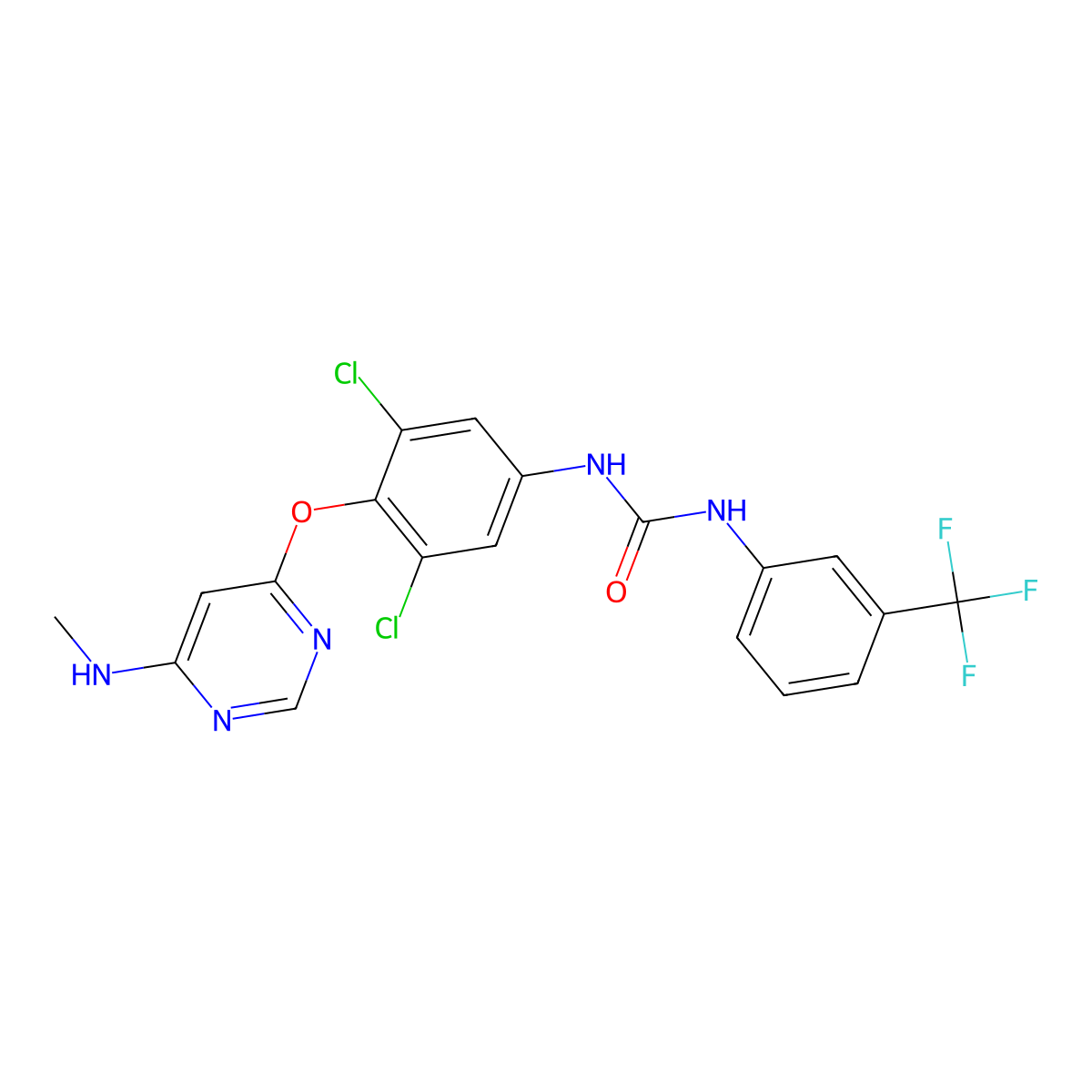 N-[3,5-Dichloro-4-[[6-(methylamino)-4-pyrimidinyl]oxy]phenyl]-N-[3-(trifluoromethyl)phenyl]-urea molecular structure, CAS 1268490-12-5