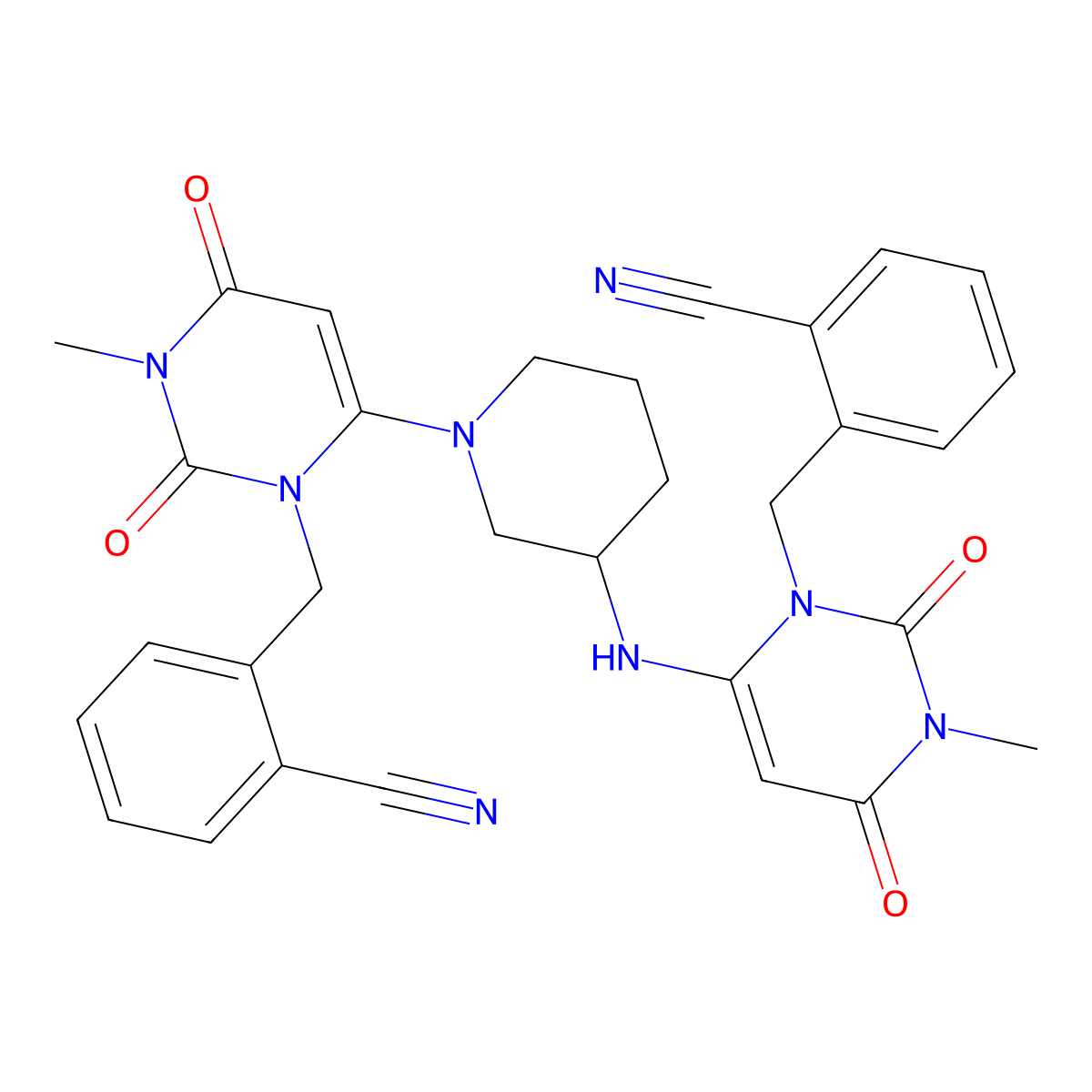 (R)-2-((6-(3-((3-(2-cyanobenzyl)-1-methyl-2,6-dioxo-1,2,3,6-tetrahydropyrimidin-4-yl)amino)piperidin-1-yl)-3-methyl-2,4-dioxo-3,4-dihydropyrimidin-1(2H)-yl)methyl)benzonitrile molecular structure, CAS 1268836-55-0