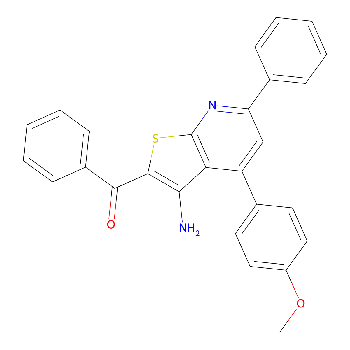 (3-Amino-4-(4-methoxyphenyl)-6-phenylthieno[2,3-b]pyridin-2-yl)(phenyl)methanone molecular structure, CAS 126888-13-9