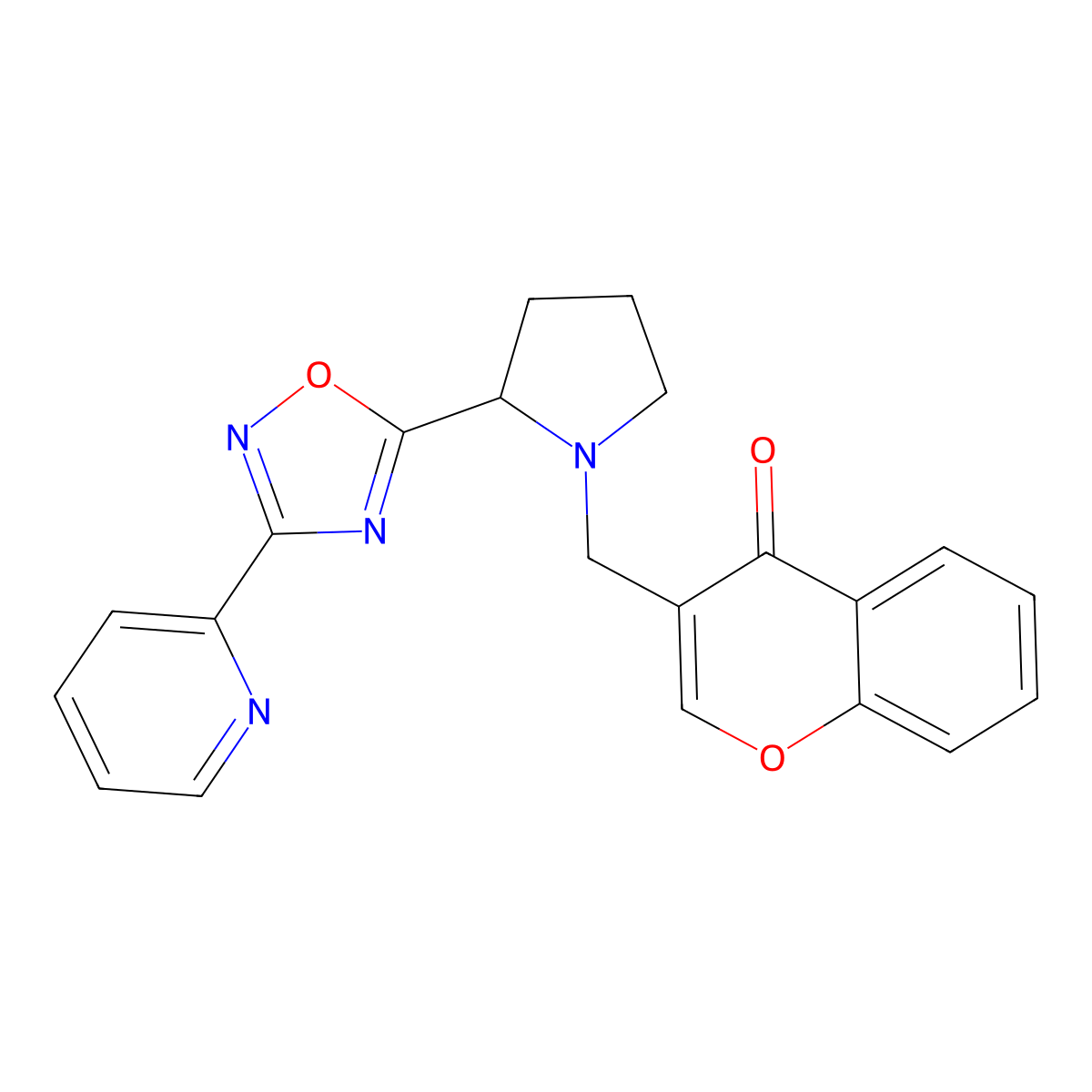 3-{[2-(3-pyridin-2-yl-1,2,4-oxadiazol-5-yl)pyrrolidin-1-yl]methyl}-4H-chromen-4-one molecular structure, CAS 1268982-32-6