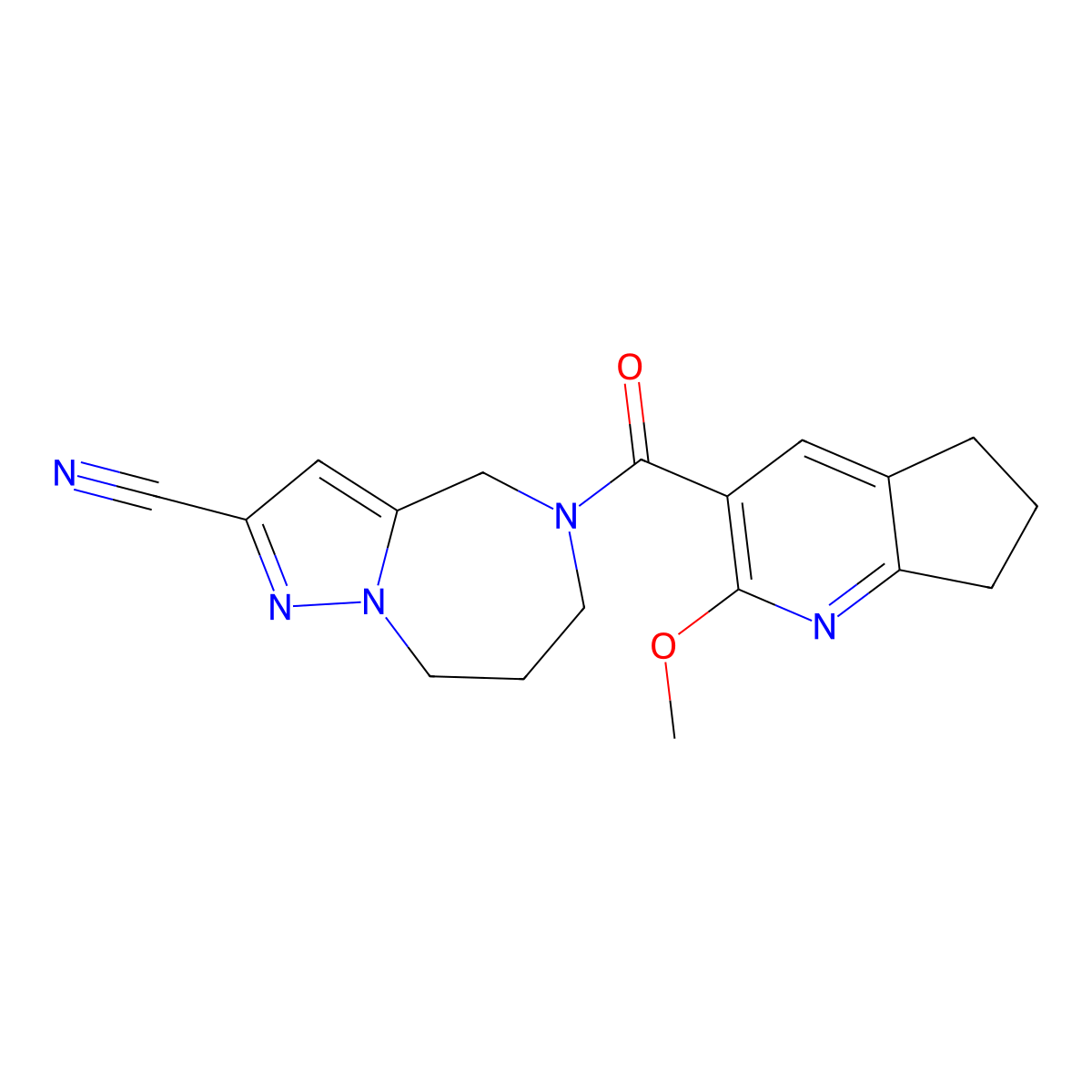 4H-Pyrazolo[1,5-a][1,4]diazepine-2-carbonitrile, 5-[(6,7-dihydro-2-methoxy-5H-cyclopenta[b]pyridin-3-yl)carbonyl]-5,6,7,8-tetrahydro- molecular structure, CAS 1268983-15-8