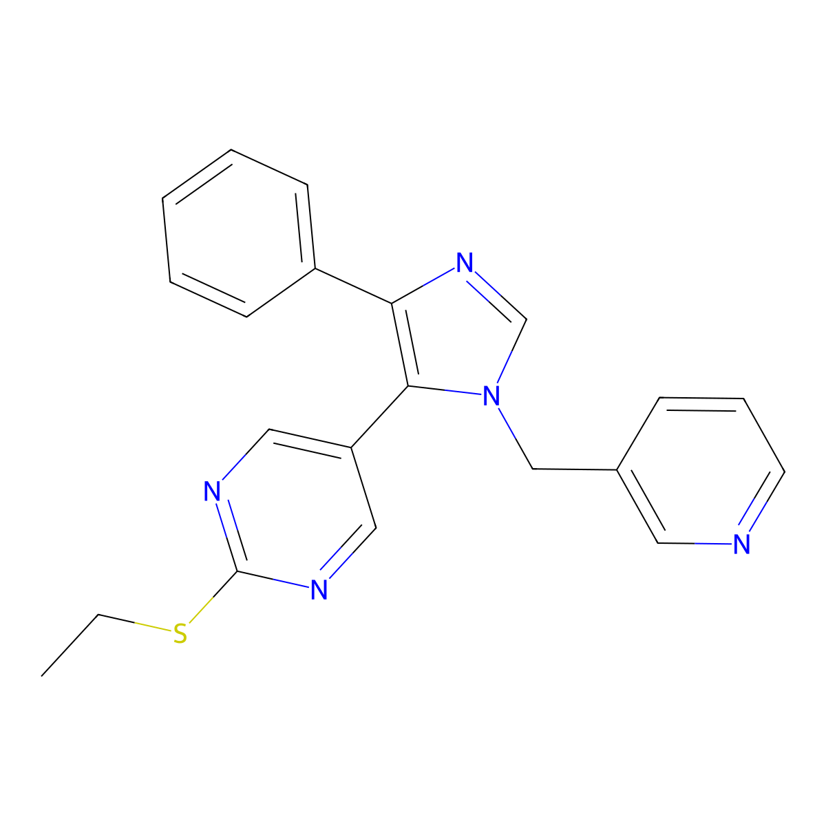 Pyrimidine, 2-(ethylthio)-5-[4-phenyl-1-(3-pyridinylmethyl)-1H-imidazol-5-yl]- molecular structure, CAS 1268990-58-4