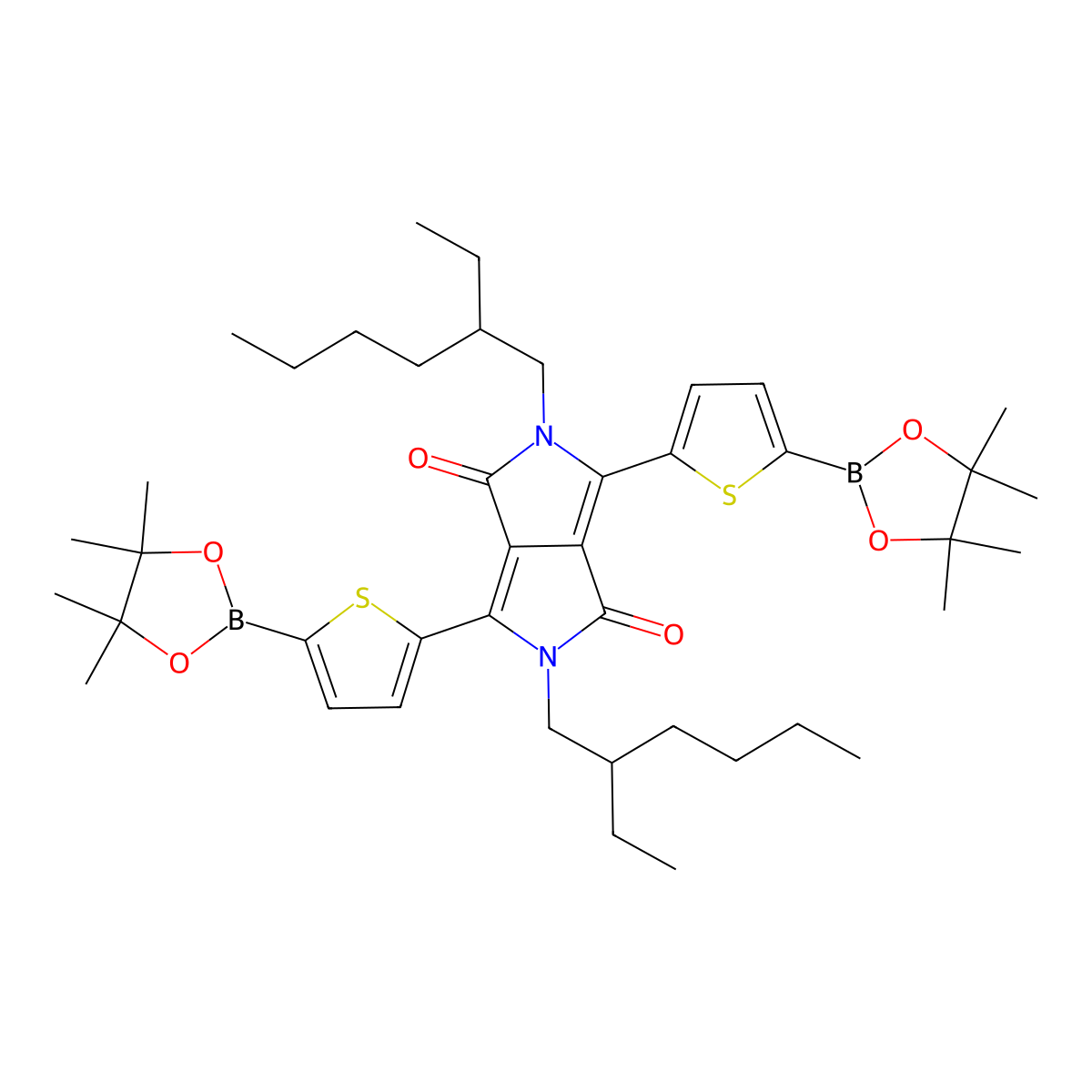 2,5-Bis(2-ethylhexyl)-3,6-bis(5-(4,4,5,5-tetramethyl-1,3,2-dioxaborolan-2-yl)thiophen-2-yl)pyrrolo[3,4-c]pyrrole-1,4(2H,5H)-dione molecular structure, CAS 1269004-46-7