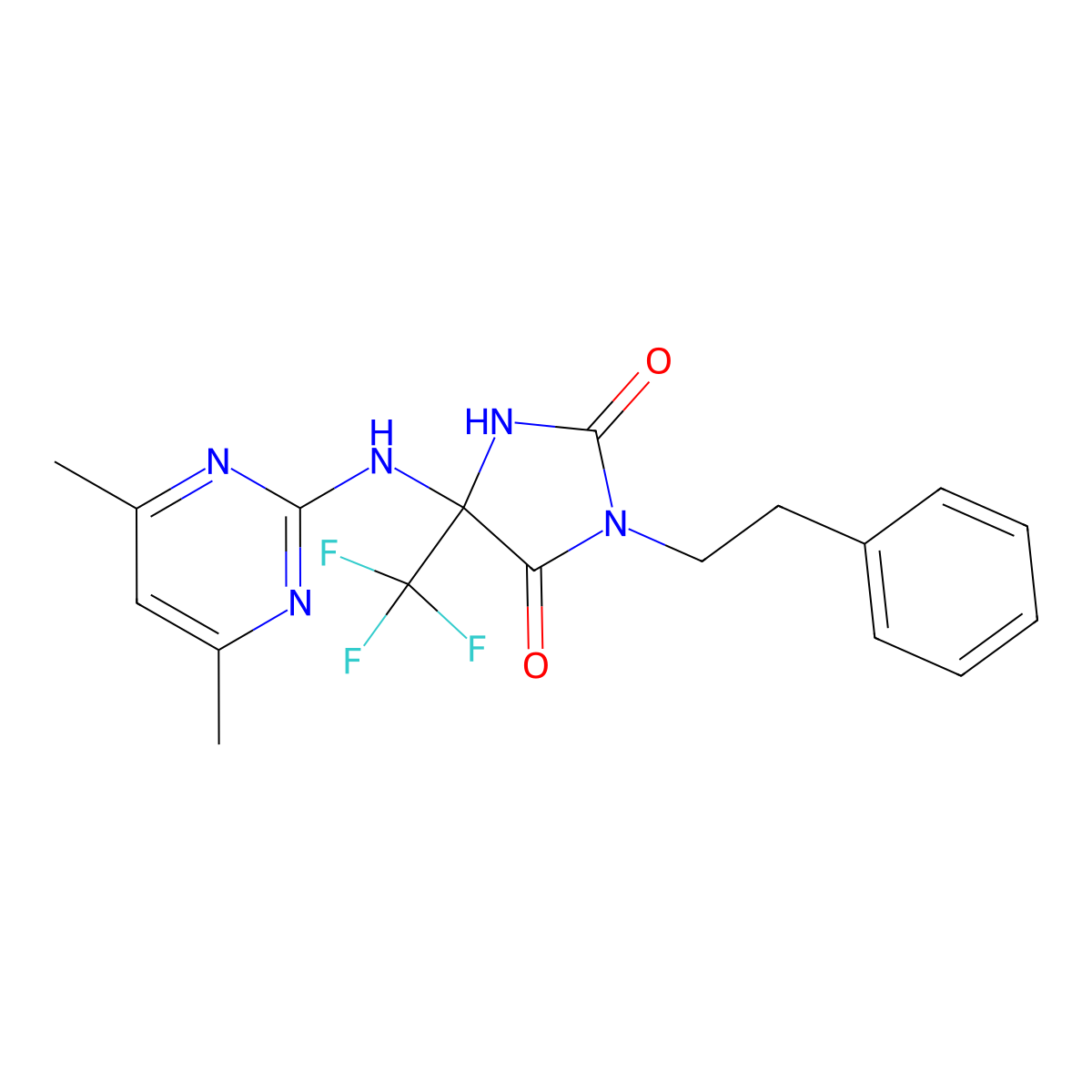 5-((4,6-Dimethylpyrimidin-2-yl)amino)-3-phenethyl-5-(trifluoromethyl)imidazolidine-2,4-dione molecular structure, CAS 1269006-16-7