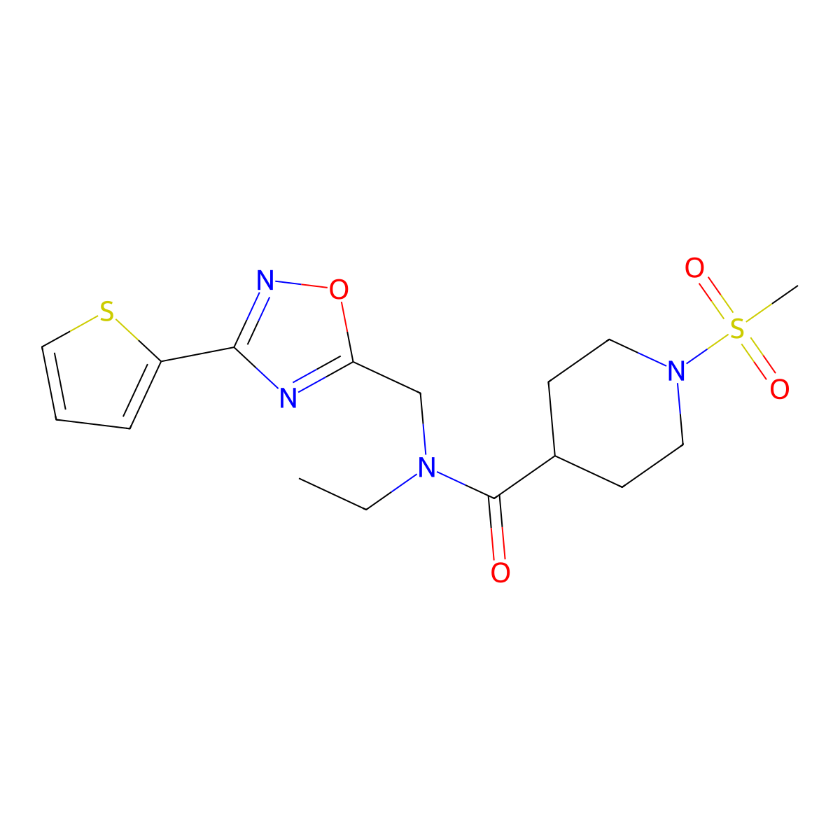 N-ethyl-1-(methylsulfonyl)-N-{[3-(thiophen-2-yl)-1,2,4-oxadiazol-5-yl]methyl}piperidine-4-carboxamide molecular structure, CAS 1269015-00-0