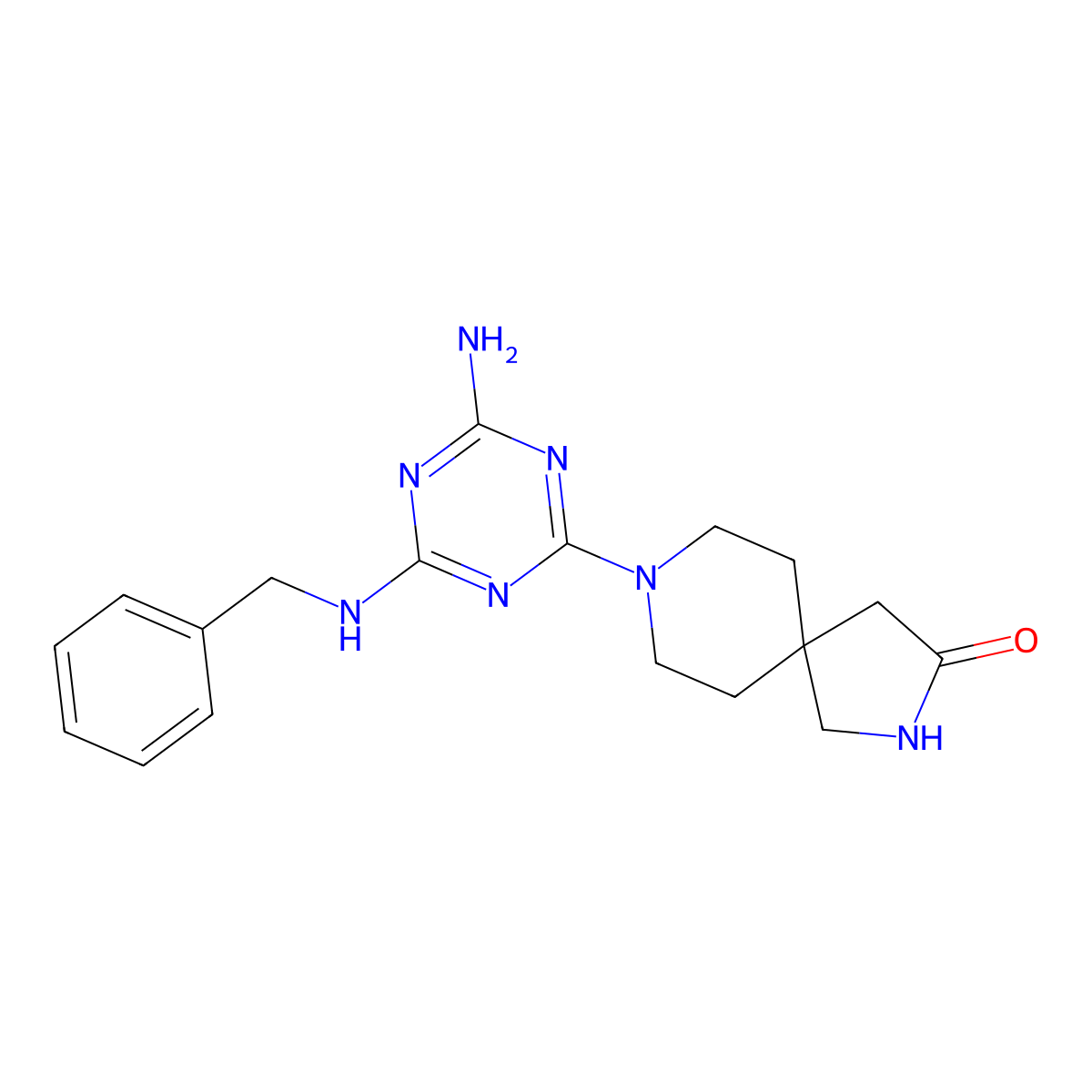 8-[4-Amino-6-[(phenylmethyl)amino]-1,3,5-triazin-2-yl]-2,8-diazaspiro[4.5]decan-3-one molecular structure, CAS 1269027-13-5