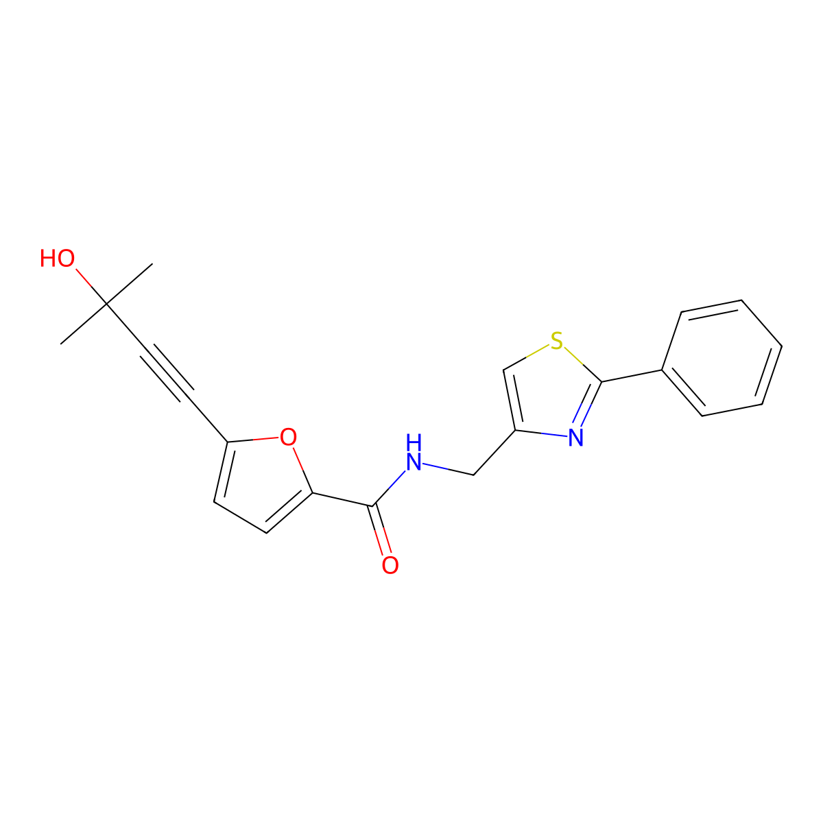 2-Furancarboxamide, 5-(3-hydroxy-3-methyl-1-butyn-1-yl)-N-[(2-phenyl-4-thiazolyl)methyl]- molecular structure, CAS 1269054-64-9