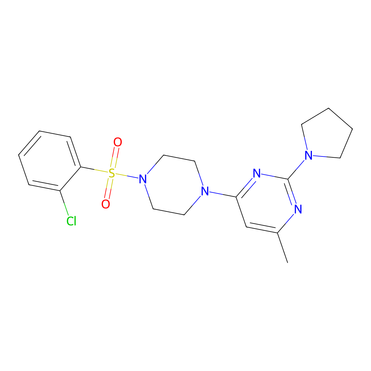 4-{4-[(2-Chlorophenyl)sulfonyl]-1-piperazinyl}-6-methyl-2-(1-pyrrolidinyl)pyrimidine molecular structure, CAS 1269104-93-9