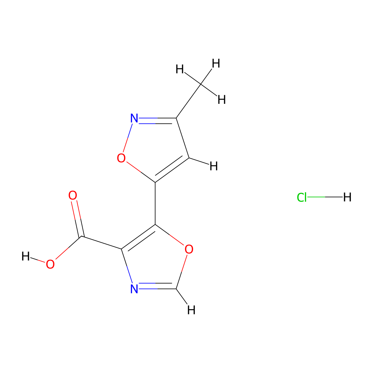 5-(3-Methyl-1,2-oxazol-5-yl)-1,3-oxazole-4-carboxylic acid hydrochloride molecular structure, CAS 1269152-00-2