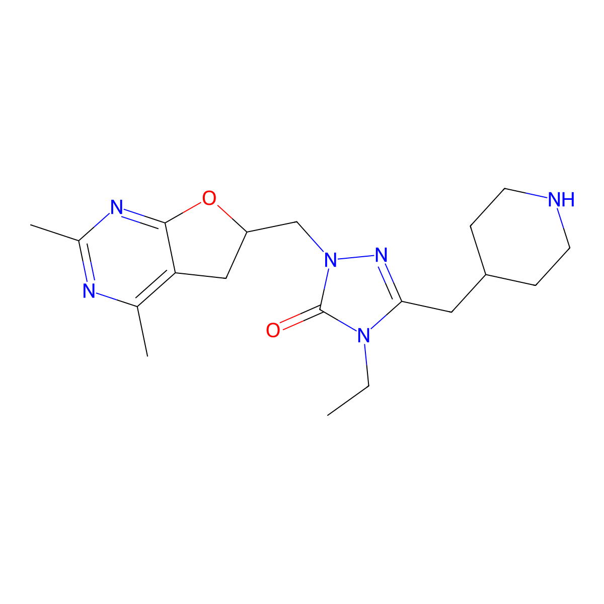 2-[(2,4-dimethyl-5,6-dihydrofuro[2,3-d]pyrimidin-6-yl)methyl]-4-ethyl-5-(piperidin-4-ylmethyl)-2,4-dihydro-3H-1,2,4-triazol-3-one molecular structure, CAS 1269184-87-3