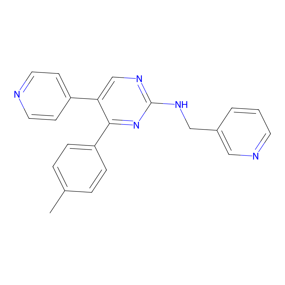2-Pyrimidinamine, 4-(4-methylphenyl)-5-(4-pyridinyl)-N-(3-pyridinylmethyl)- molecular structure, CAS 1269199-48-5