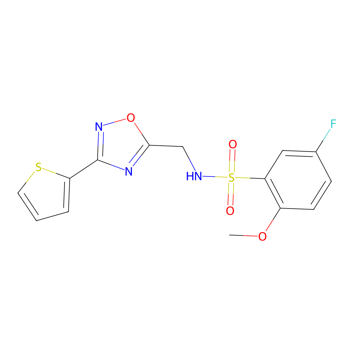 5-fluoro-2-methoxy-N-{[3-(thiophen-2-yl)-1,2,4-oxadiazol-5-yl]methyl}benzenesulfonamide molecular structure, CAS 1269214-54-1