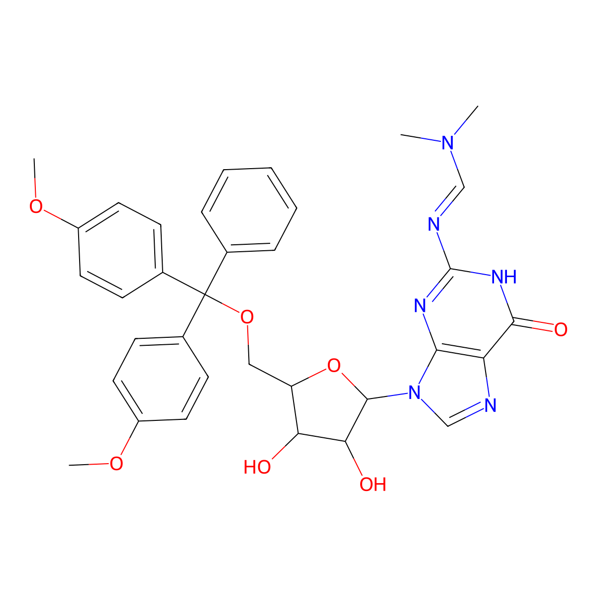 N'-[9-[(2R,3S,5R)-5-[[bis(4-methoxyphenyl)-phenylmethoxy]methyl]-3,4-dihydroxyoxolan-2-yl]-6-oxo-1H-purin-2-yl]-N,N-dimethylmethanimidamide molecular structure, CAS 126922-60-9