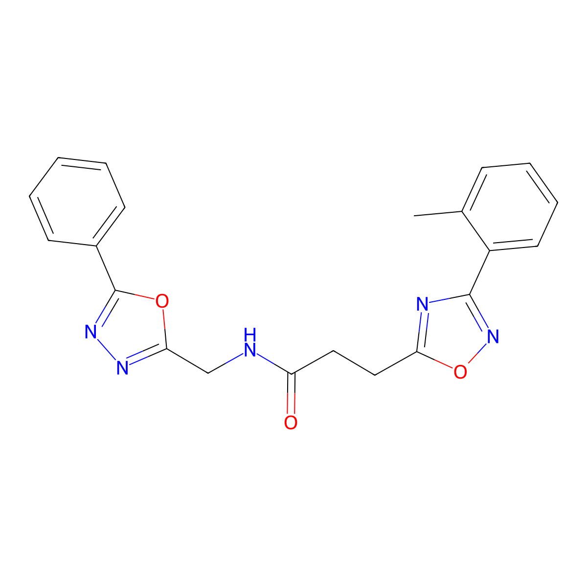 1,2,4-Oxadiazole-5-propanamide, 3-(2-methylphenyl)-N-[(5-phenyl-1,3,4-oxadiazol-2-yl)methyl]- molecular structure, CAS 1269279-90-4