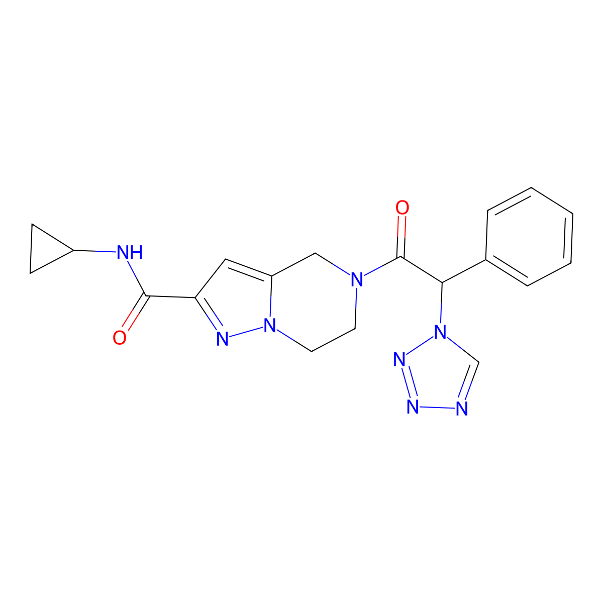 N-cyclopropyl-5-[phenyl(1H-tetrazol-1-yl)acetyl]-4,5,6,7-tetrahydropyrazolo[1,5-a]pyrazine-2-carboxamide molecular structure, CAS 1269288-80-3