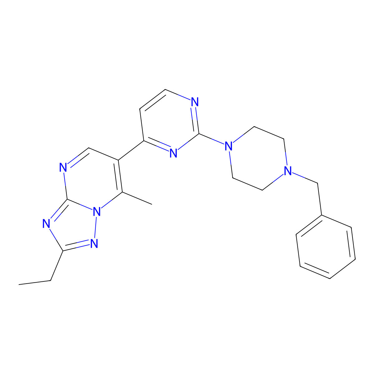 6-[2-(4-Benzylpiperazin-1-yl)pyrimidin-4-yl]-2-ethyl-7-methyl[1,2,4]triazolo[1,5-a]pyrimidine molecular structure, CAS 1269368-40-2