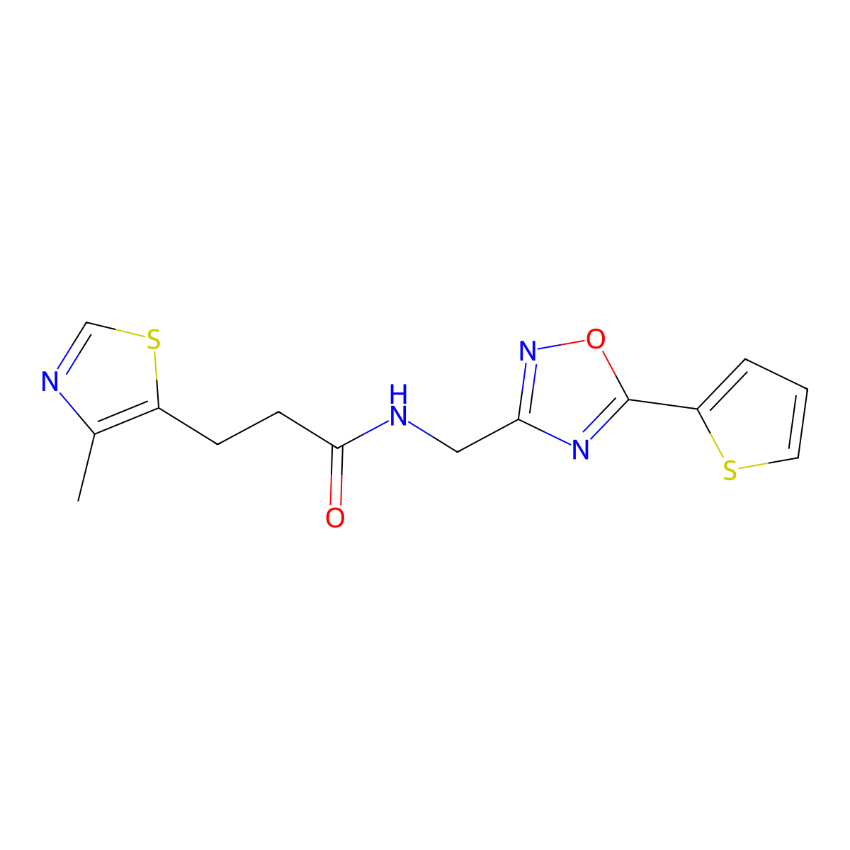 5-Thiazolepropanamide, 4-methyl-N-[[5-(2-thienyl)-1,2,4-oxadiazol-3-yl]methyl]- molecular structure, CAS 1269394-34-4