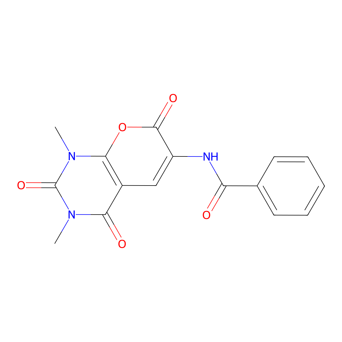 N-{1,3-dimethyl-2,4,7-trioxo-1H,2H,3H,4H,7H-pyrano[2,3-d]pyrimidin-6-yl}benzamide molecular structure, CAS 126940-54-3