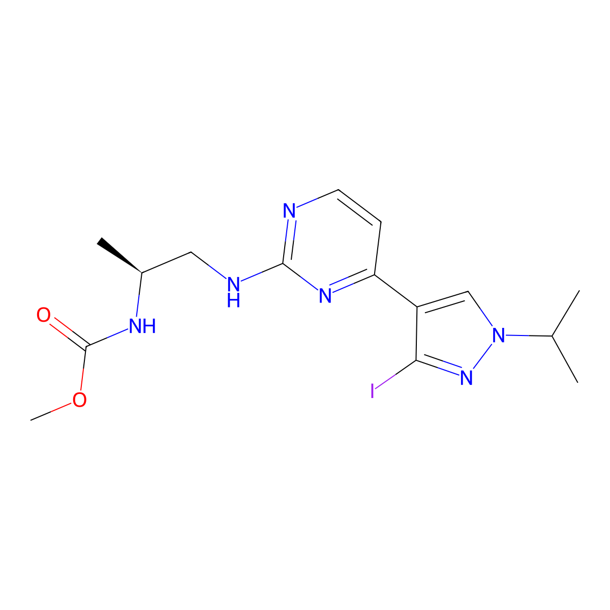 Methyl N-[(1S)-2-[[4-[3-iodo-1-(1-methylethyl)-1H-pyrazol-4-yl]-2-pyrimidinyl]amino]-1-methylethyl]carbamate molecular structure, CAS 1269440-60-9