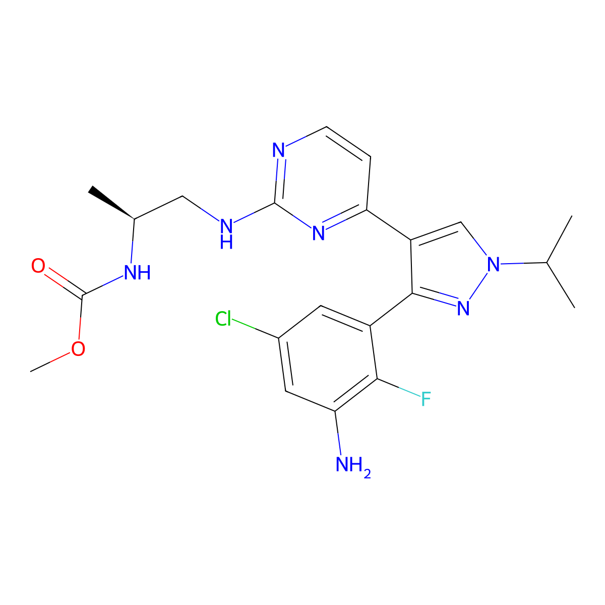 Methyl (S)-(1-((4-(3-(3-amino-5-chloro-2-fluorophenyl)-1-isopropyl-1H-pyrazol-4-yl)pyrimidin-2-yl)amino)propan-2-yl)carbamate molecular structure, CAS 1269440-78-9
