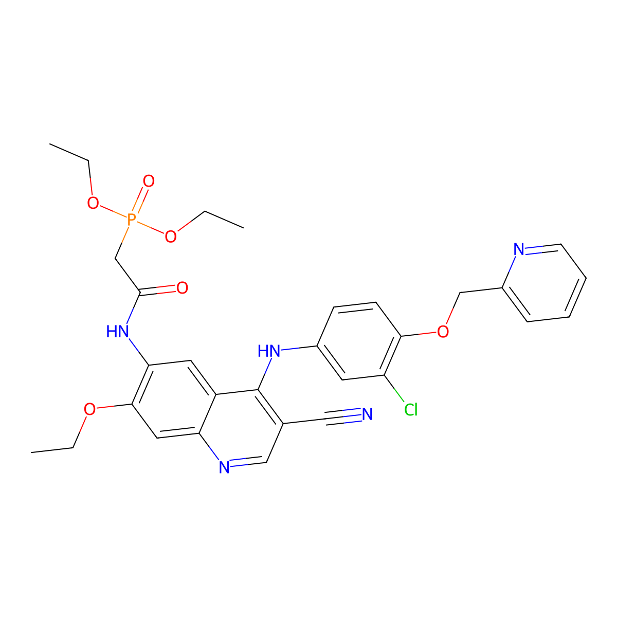 Diethyl (2-((4-((3-chloro-4-(pyridin-2-ylmethoxy)phenyl)amino)-3-cyano-7-ethoxyquinolin-6-yl)amino)-2-oxoethyl)phosphonate molecular structure, CAS 1269662-79-4