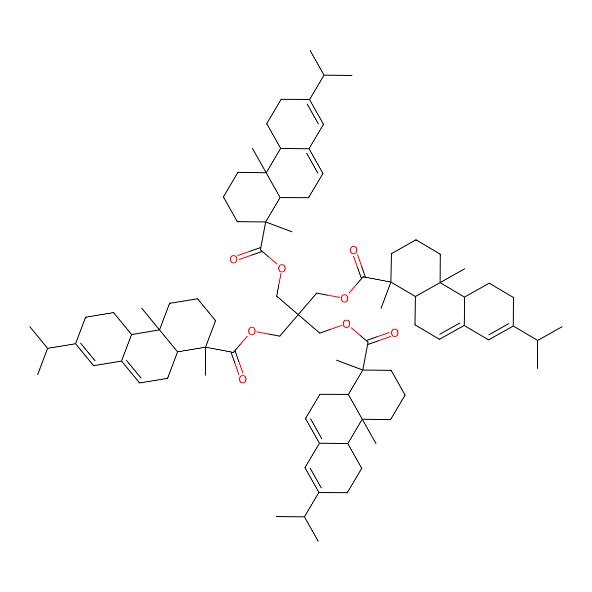1-Phenanthrenecarboxylic acid, 1,2,3,4,4a,4b,5,6,10,10a-decahydro-1,4a-dimethyl-7-(1-methylethyl)-, 1,1'-(2,2-bis(((((1R,4aR,4bR,10aR)-1,2,3,4,4a,4b,5,6,10,10a-decahydro-1,4a-dimethyl-7-(1-methylethyl)-1-phenanthrenyl)carbonyl)oxy)methyl)-1,3-propanediyl) ester, (1R,1'R,4aR,4'aR,4bR,4'bR,10aR,10'aR)- molecular structure, CAS 127-23-1