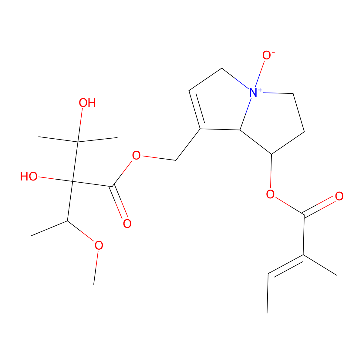 [7-(2-methylbut-2-enoyloxy)-4-oxido-5,6,7,8-tetrahydro-3H-pyrrolizin-4-ium-1-yl]methyl 2,3-dihydroxy-2-(1-methoxyethyl)-3-methylbutanoate molecular structure, CAS 127-30-0
