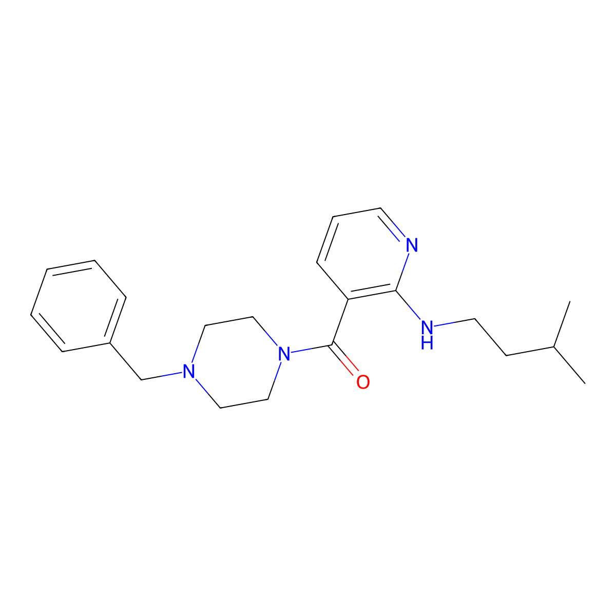 (2-((3-Methylbutyl)amino)-3-pyridinyl)(4-(phenylmethyl)-1-piperazinyl)methanone molecular structure, CAS 1270138-40-3