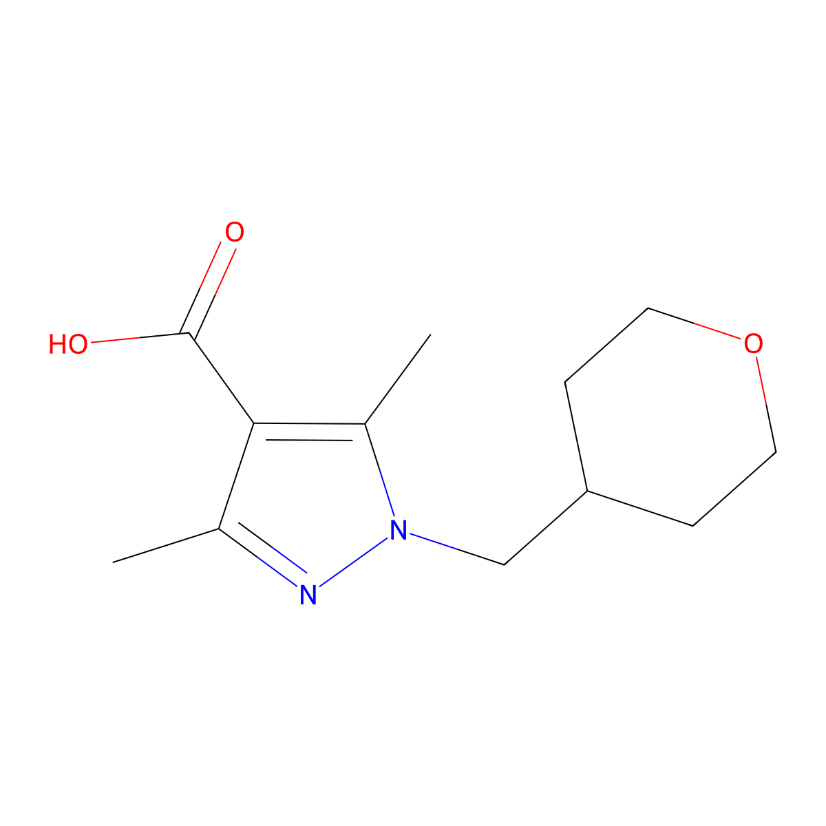 3,5-Dimethyl-1-[(tetrahydro-2H-pyran-4-yl)methyl]-1H-pyrazole-4-carboxylic acid molecular structure, CAS 1271073-46-1