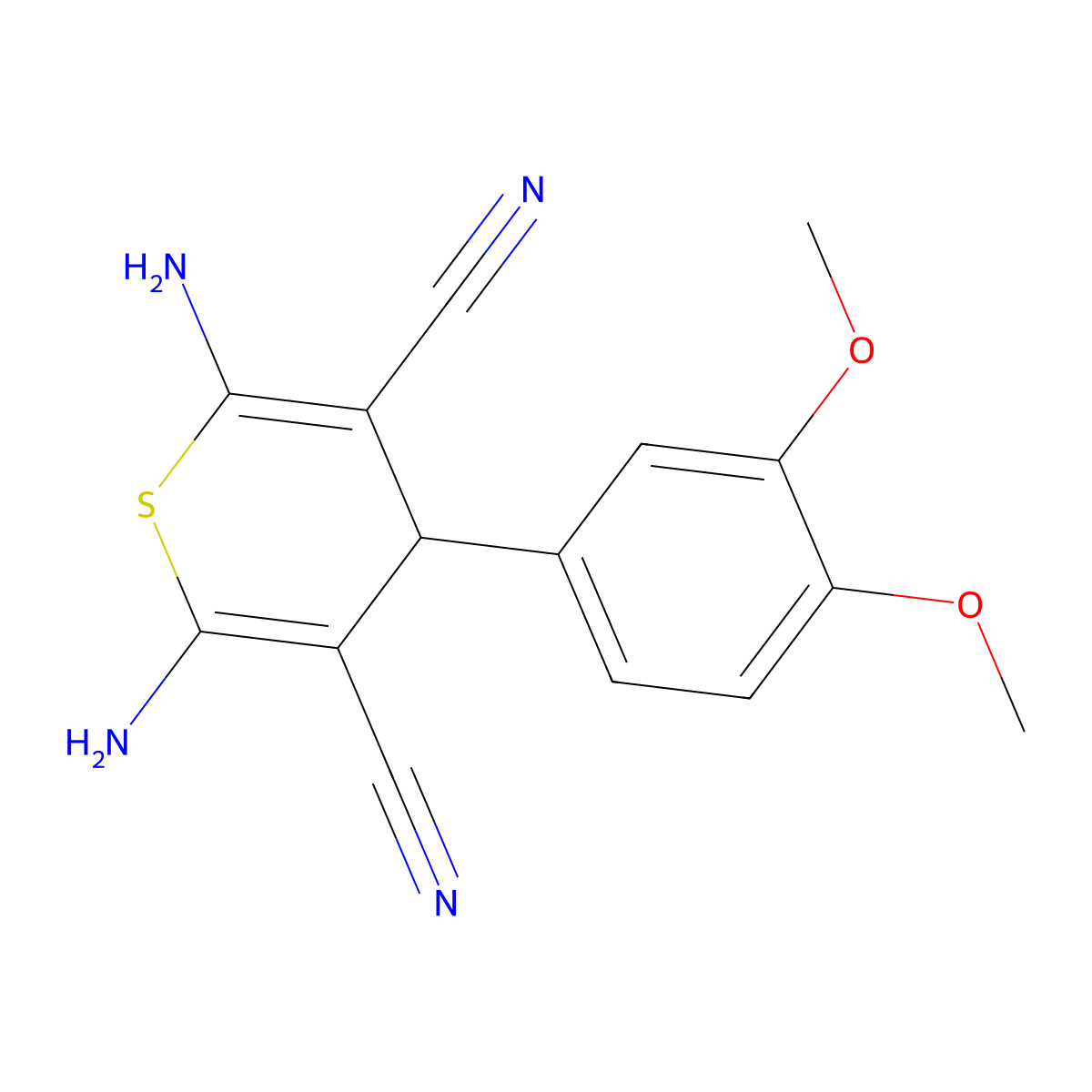 2,6-diamino-4-(3,4-dimethoxyphenyl)-4H-thiopyran-3,5-dicarbonitrile molecular structure, CAS 127118-64-3