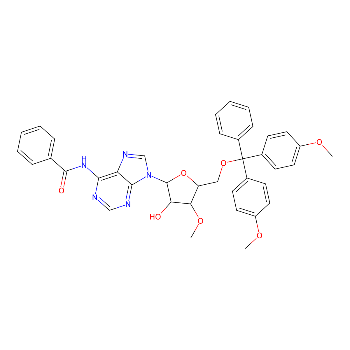 N-(9-((2R,3R,4S,5R)-5-((Bis(4-methoxyphenyl)(phenyl)methoxy)methyl)-3-hydroxy-4-methoxytetrahydrofuran-2-yl)-9H-purin-6-yl)benzamide molecular structure, CAS 127212-38-8
