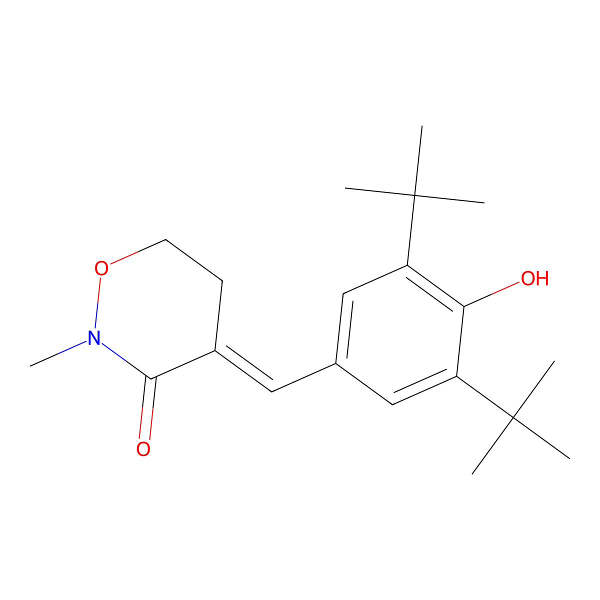 4-[[3,5-bis(1,1-dimethylethyl)-4-hydroxyphenyl]methylene]dihydro-2-methyl-2H-1,2-oxazin-3(4H)-one molecular structure, CAS 127245-22-1