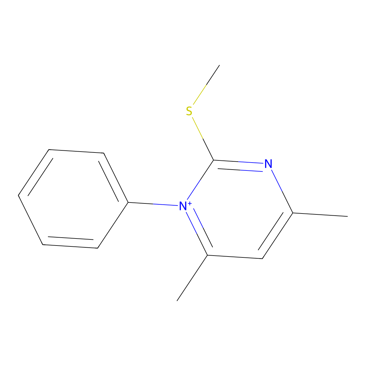4,6-Dimethyl-2-(methylsulfanyl)-1-phenylpyrimidin-1-ium molecular structure, CAS 127251-54-1