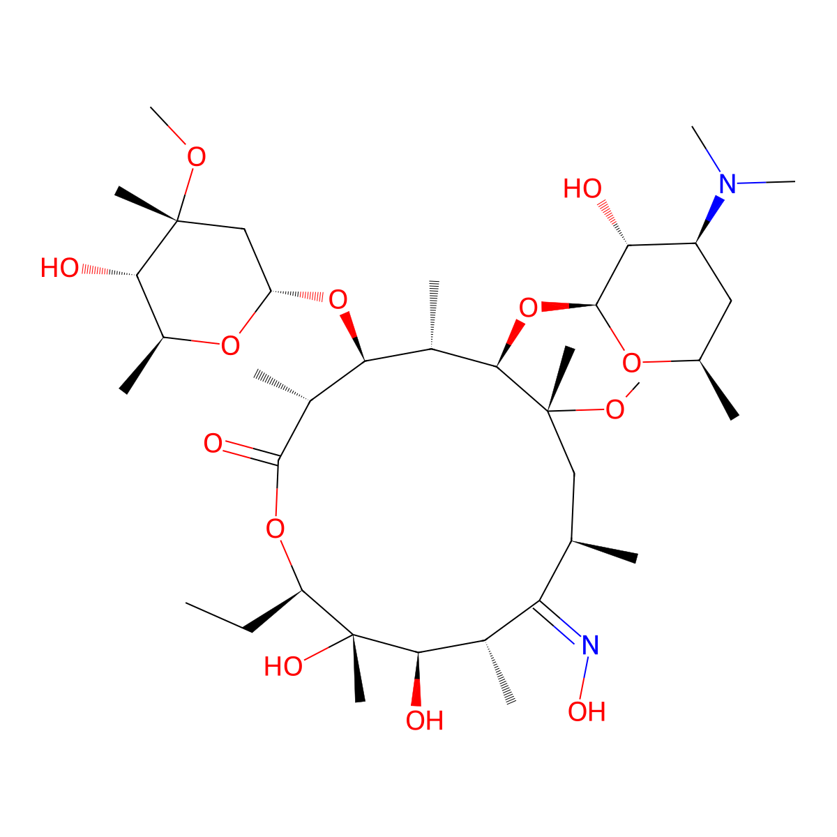 (3R,4S,5S,6R,7R,9R,11S,12R,13S,14R)-6-(((2S,3R,4S,6R)-4-(dimethylamino)-3-hydroxy-6-methyltetrahydro-2H-pyran-2-yl)oxy)-14-ethyl-12,13-dihydroxy-4-(((2R,4R,5S,6S)-5-hydroxy-4-methoxy-4,6-dimethyltetrahydro-2H-pyran-2-yl)oxy)-10-(hydroxyimino)-7-methoxy-3,5,7,9,11,13-hexamethyloxacyclotetradecan-2-one molecular structure, CAS 127253-06-9