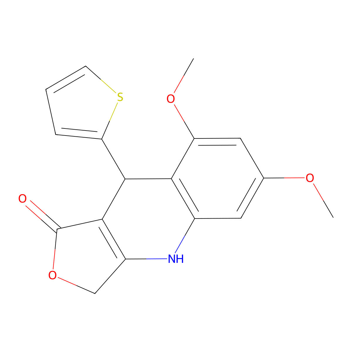 6,8-dimethoxy-9-(thiophen-2-yl)-1H,3H,4H,9H-furo[3,4-b]quinolin-1-one molecular structure, CAS 1272756-43-0