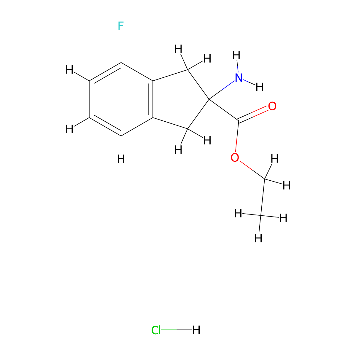 Ethyl 2-amino-4-fluoro-2,3-dihydro-1H-indene-2-carboxylate hydrochloride molecular structure, CAS 1272758-15-2