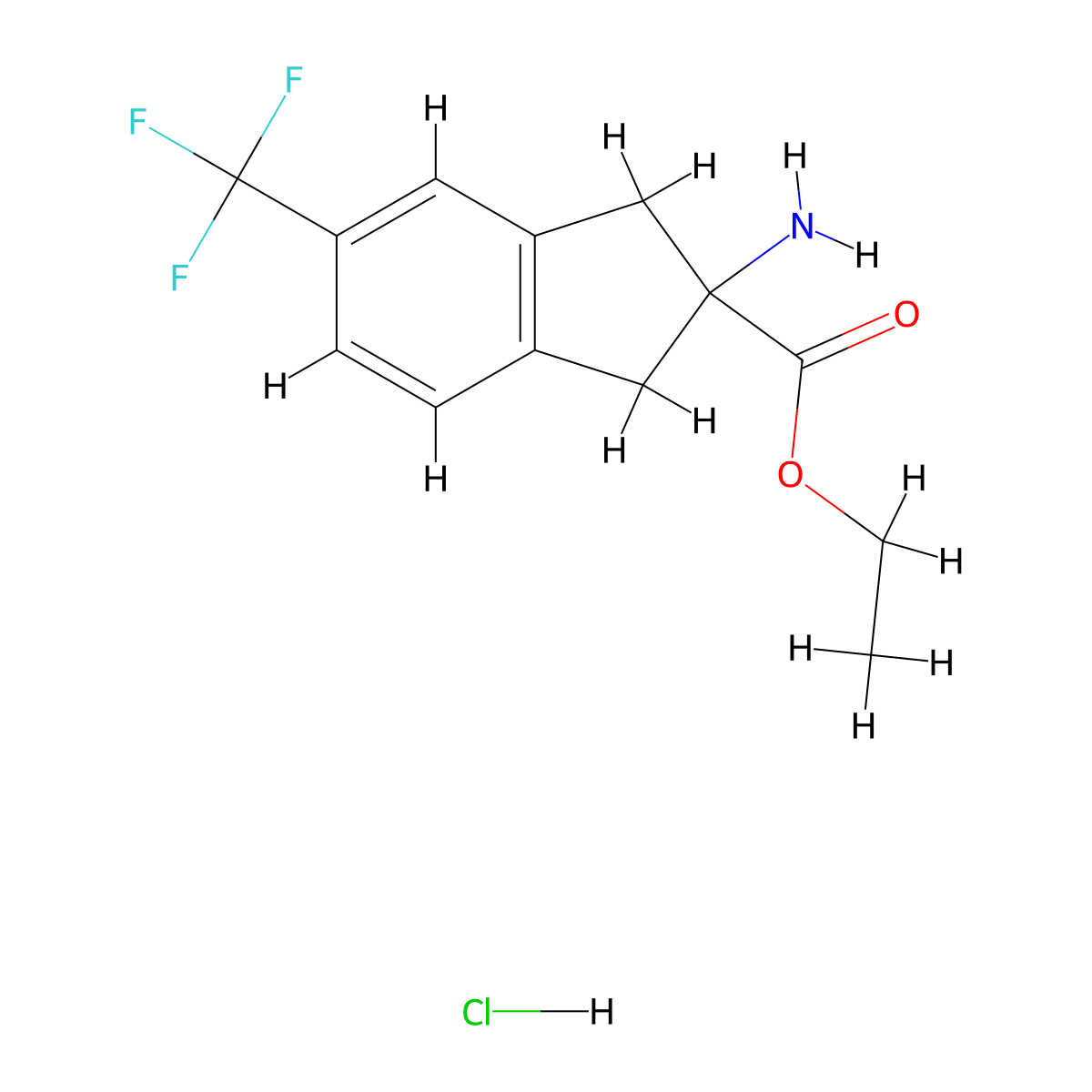 Ethyl 2-amino-5-(trifluoromethyl)-2,3-dihydro-1H-indene-2-carboxylate hydrochloride molecular structure, CAS 1272758-27-6