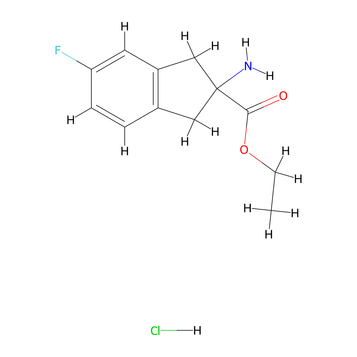 Ethyl 2-amino-5-fluoro-2,3-dihydro-1H-indene-2-carboxylate hydrochloride molecular structure, CAS 1272758-28-7