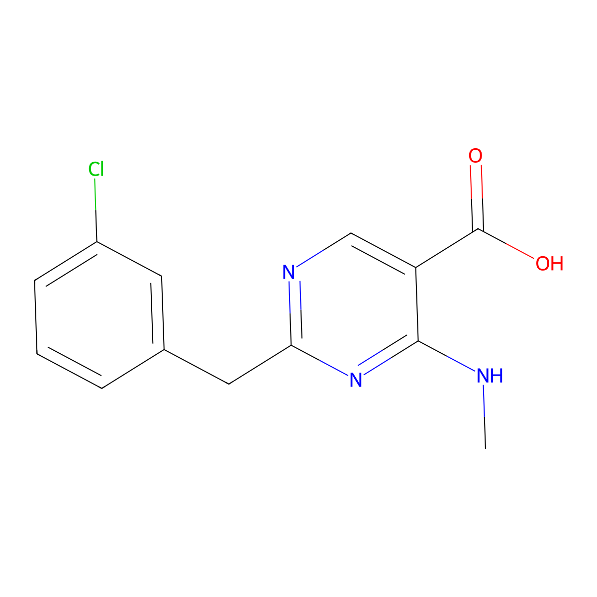2-(3-Chlorobenzyl)-4-(methylamino)pyrimidine-5-carboxylic acid molecular structure, CAS 1273315-62-0
